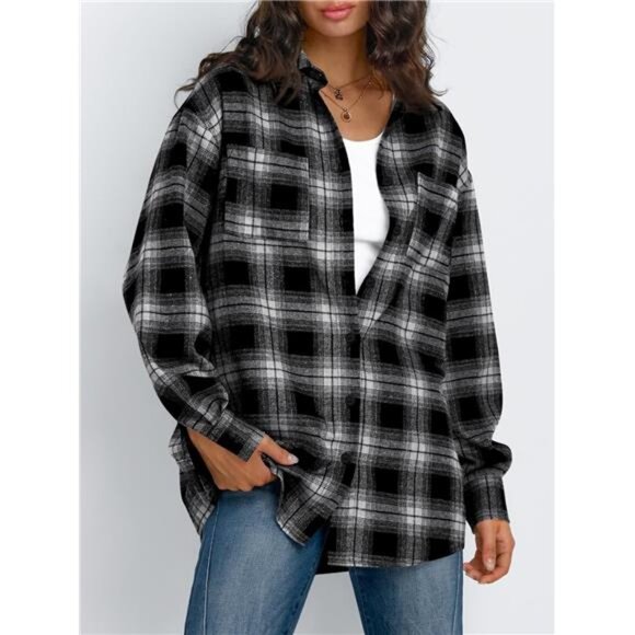Women's Long Sleeve Flannel Shacket Button-Down Blouse - Plaid Top for Fall - Picture 3 of 7